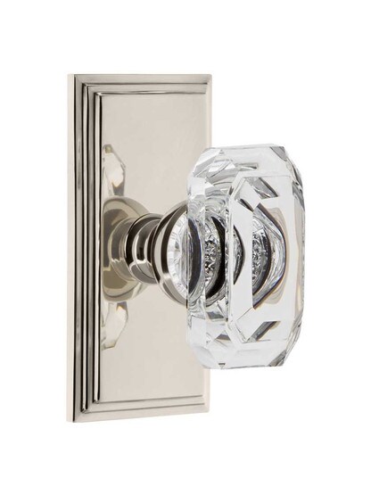 Grandeur Carre Rosette Door Set with Clear Crystal-Glass Baguette Knobs in Polished Nickel.